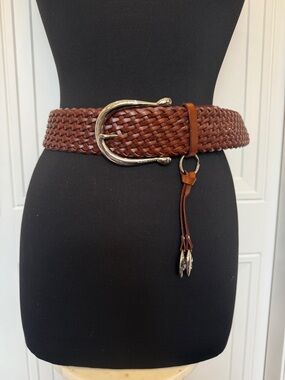 VINTAGE MICHAEL KORS WOVEN BROWN LEATHER WIDE BELT THICK SILVER BOHO SMALL
